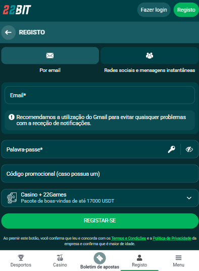 Como se registar no 22BIT em Portugal